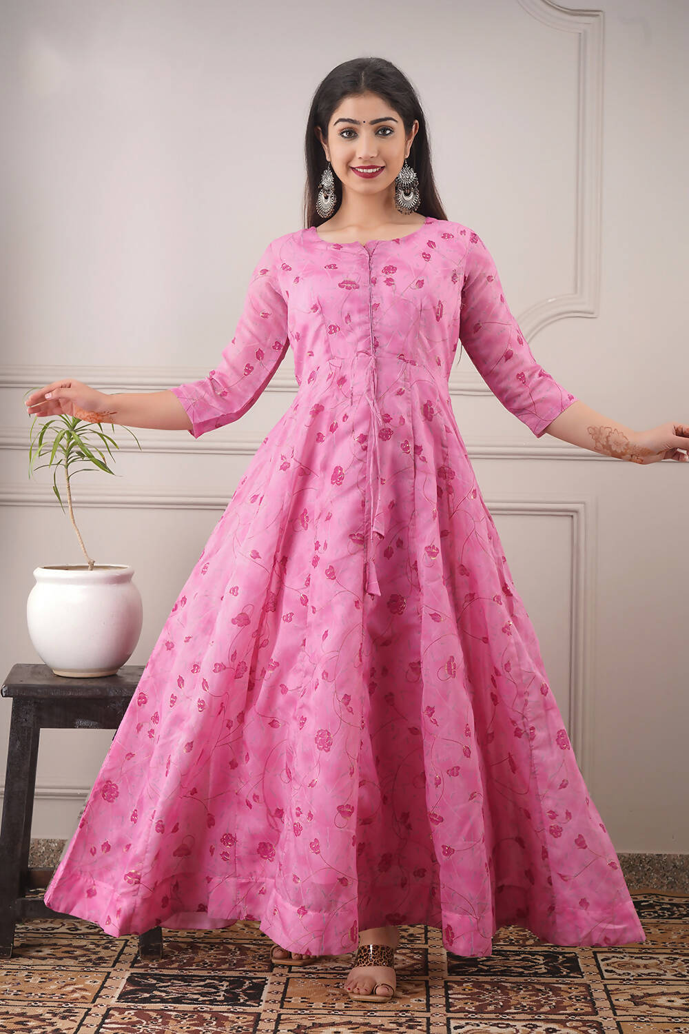 Partywear Designer Hand Screen and Foil Print pink Pure chanderi Gown - Anbazaar | Grocsy