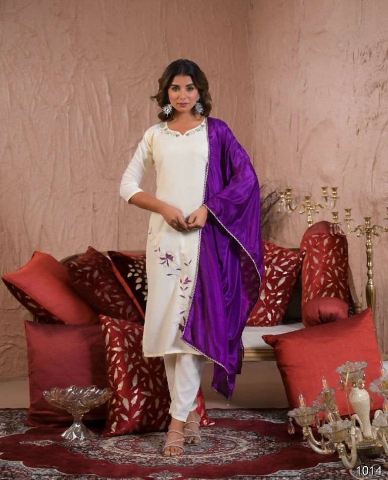 Festive Ethnic Viscose Rayon White Stitched Suit With Dupatta - Rashmika | Grocsy