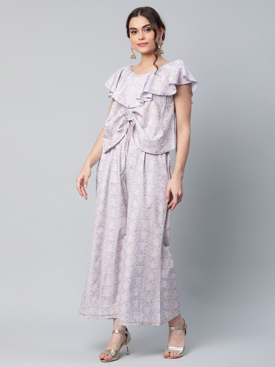 Ahalyaa Women Powder Blue Crepe Khari Printed Top with Palazzo Set | Grocsy