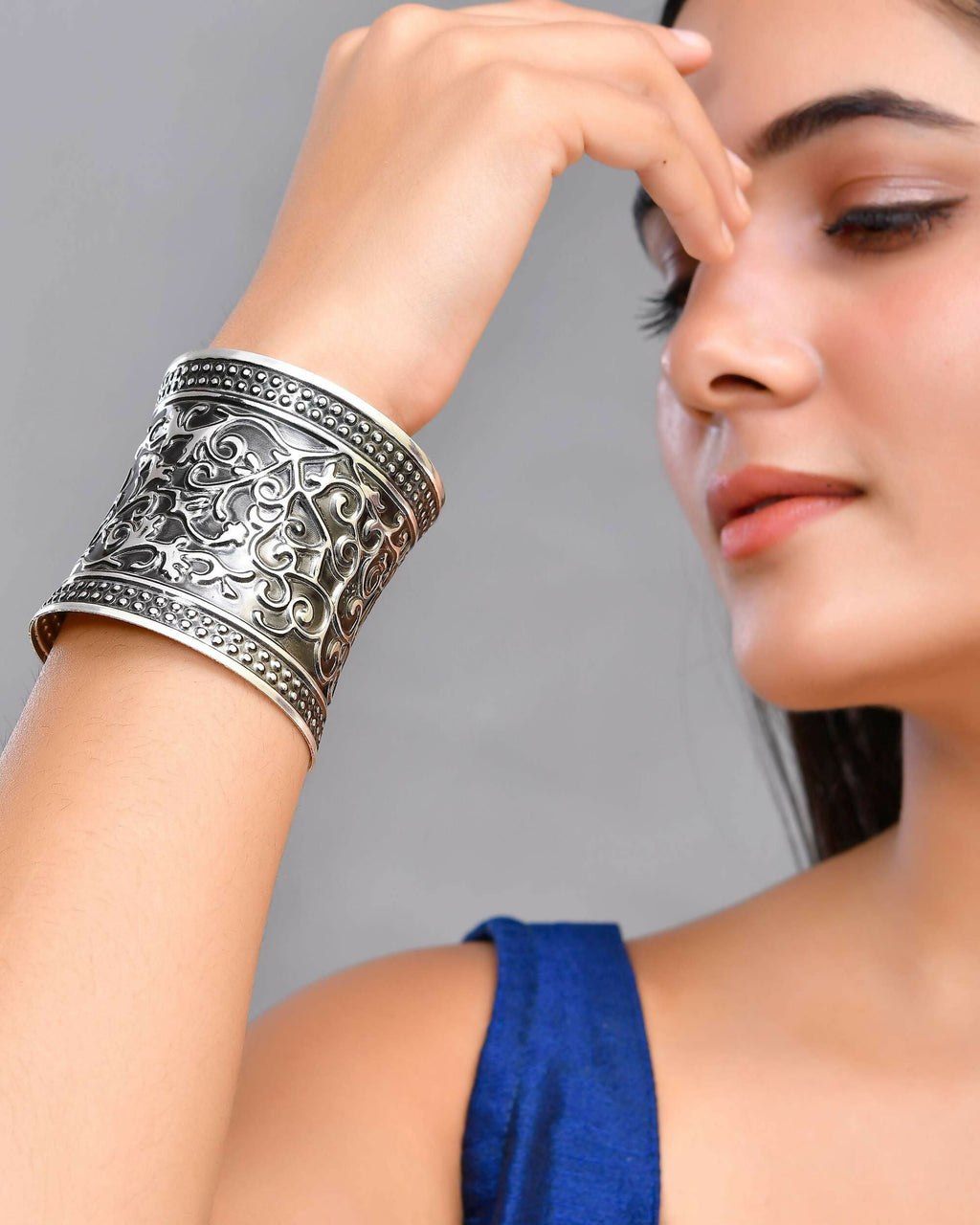 VOJ Silver Plated Oxidised Cuff Bracelet | Grocsy