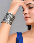 VOJ Silver Plated Oxidised Cuff Bracelet | Grocsy