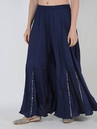 Mominos Fashion Navy Blue Viscose Rayon Flared Palazzo with Mirror Lace Work | Grocsy
