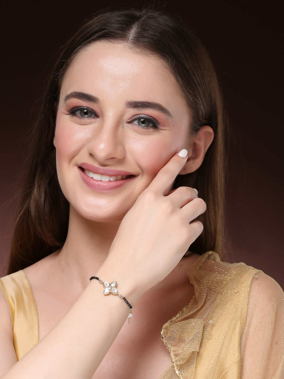 NVR Women Gold-Polished & Black Brass Stone-Studded Hand Mangalsutra Link Bracelet | Grocsy