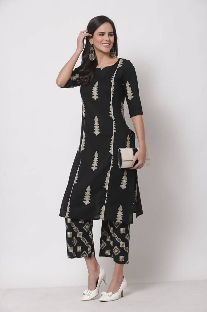 Myshka Women's Black Cotton Blend Printed 3/4 Sleeve Round Neck Casual Kurta & Palazzo Set | Grocsy