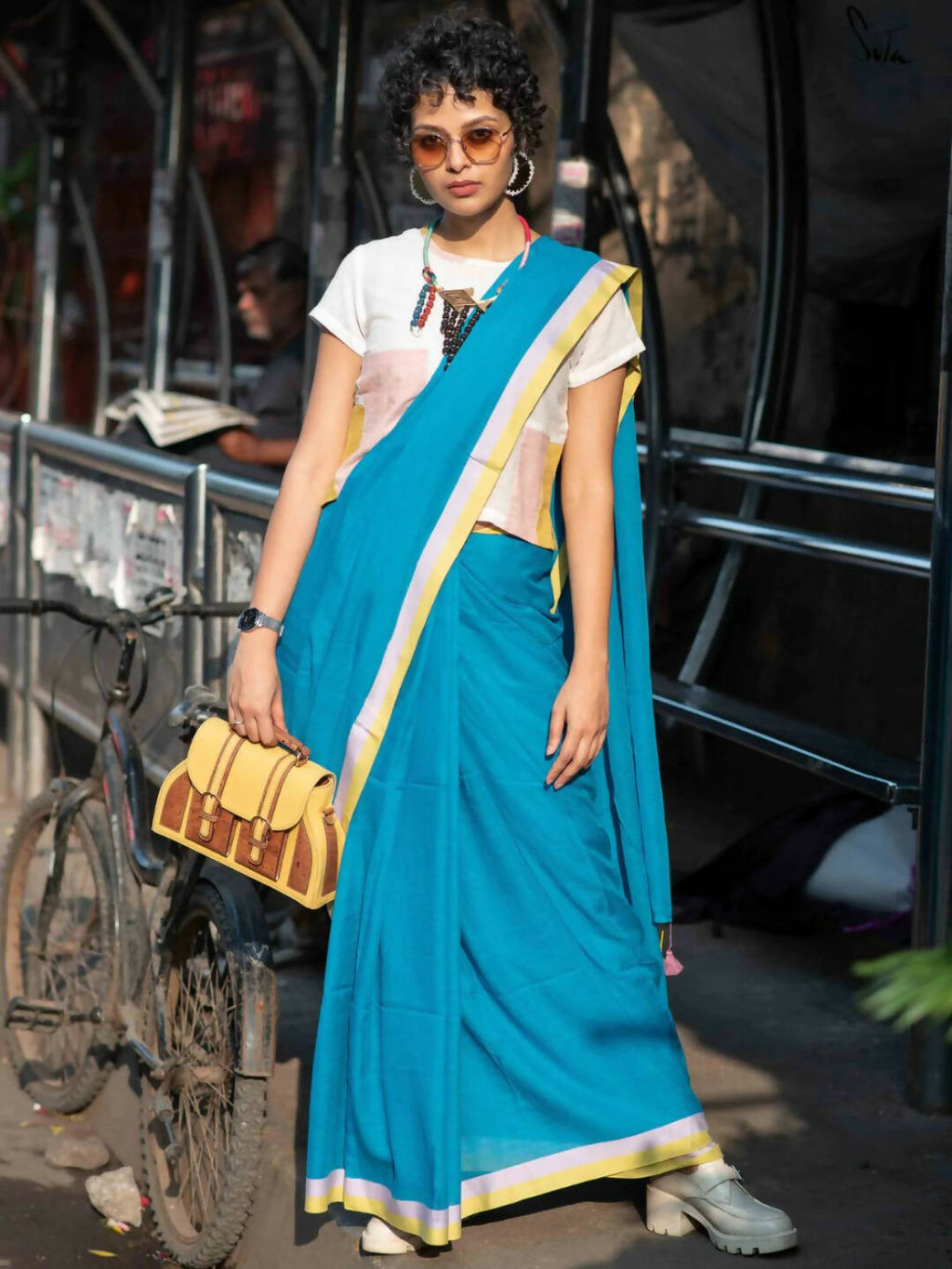 Suta Blue Solid Mul Cotton Saree | Grocsy