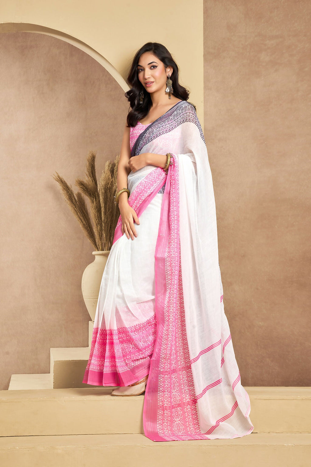 Vastranavya White Digital Printed Linen Ready To Wear Designer Saree with Unstitched Blouse | Grocsy