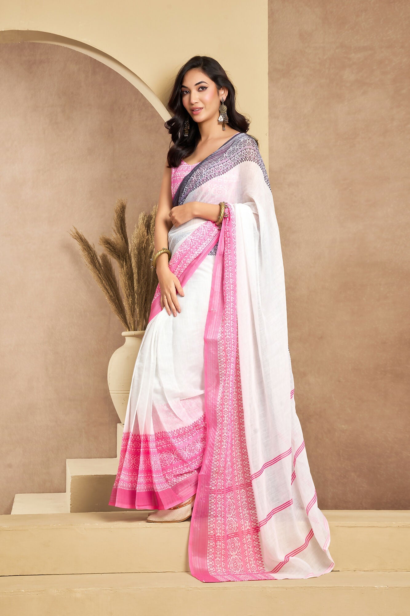 Vastranavya White Digital Printed Linen Ready To Wear Designer Saree with Unstitched Blouse | Grocsy