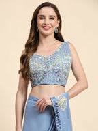 Blue Lycra Solid Ready to wear Saree with stitched Blouse - Vanita | Grocsy