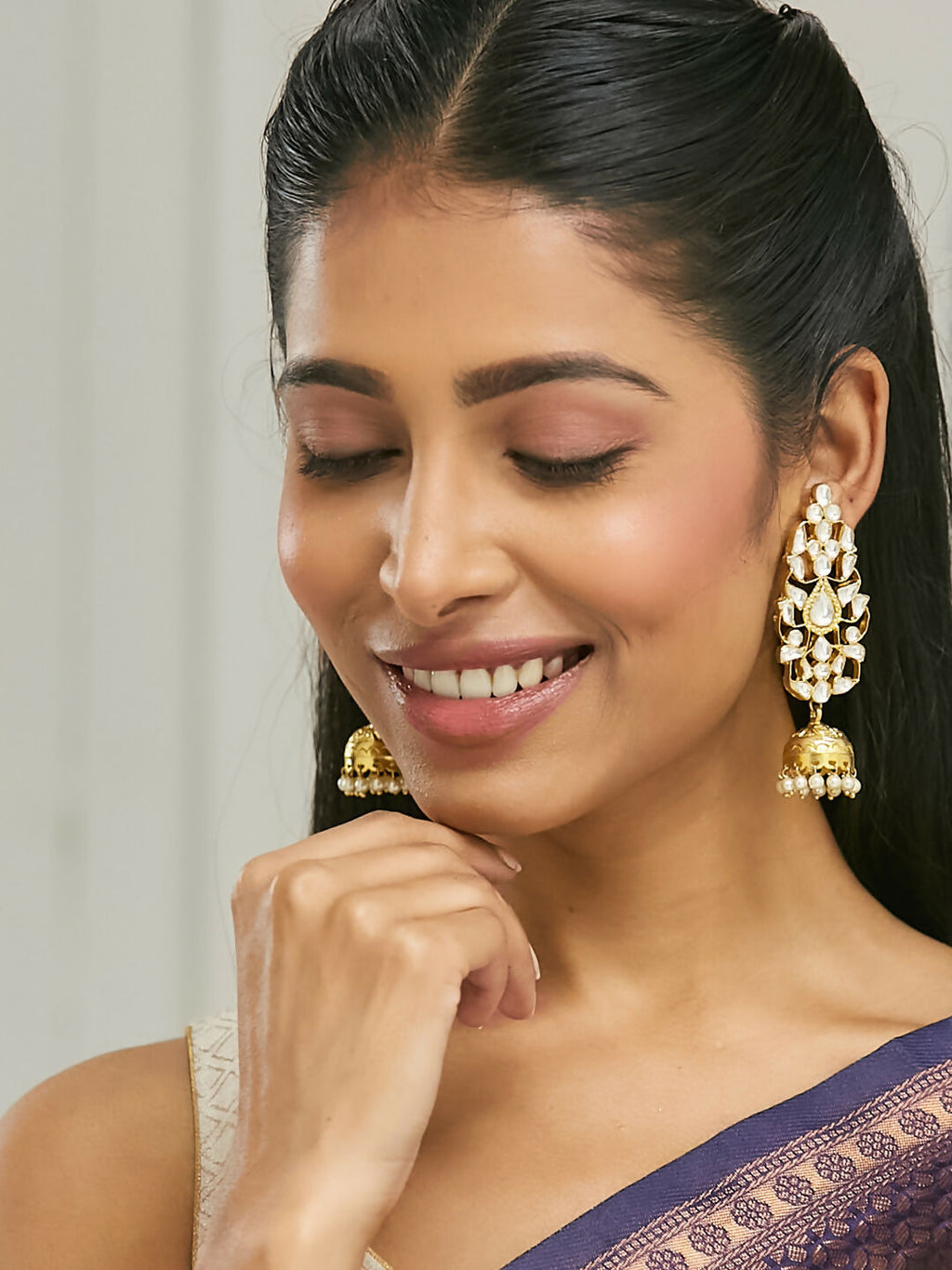 Nuyug 22K Gold-Plated Regal Kundan Stone Studded & Pearl Drop Jhumkas | Grocsy