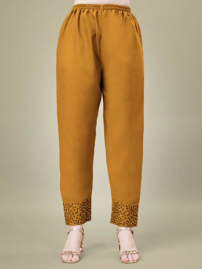 Jyoti Fashion Women's Mustard Cotton Blend Embroidery & Sequence work Kurta with Trouser & Dupatta | Grocsy