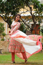 Yufta Pink Printed Tiered Kurta with Trouser and Dupatta | Grocsy