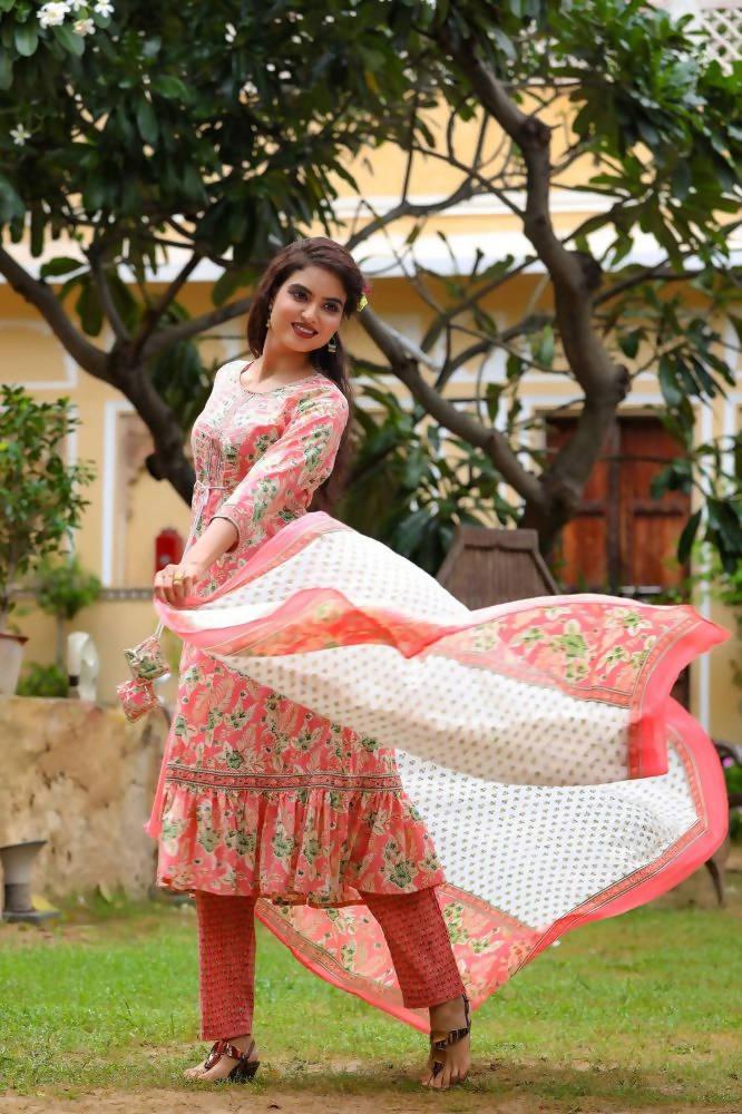 Yufta Pink Printed Tiered Kurta with Trouser and Dupatta | Grocsy