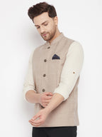 Even Apparels Cream Linen Men's Nehru Jacket-Contrast Lining-Inbuilt Pocket Square | Grocsy