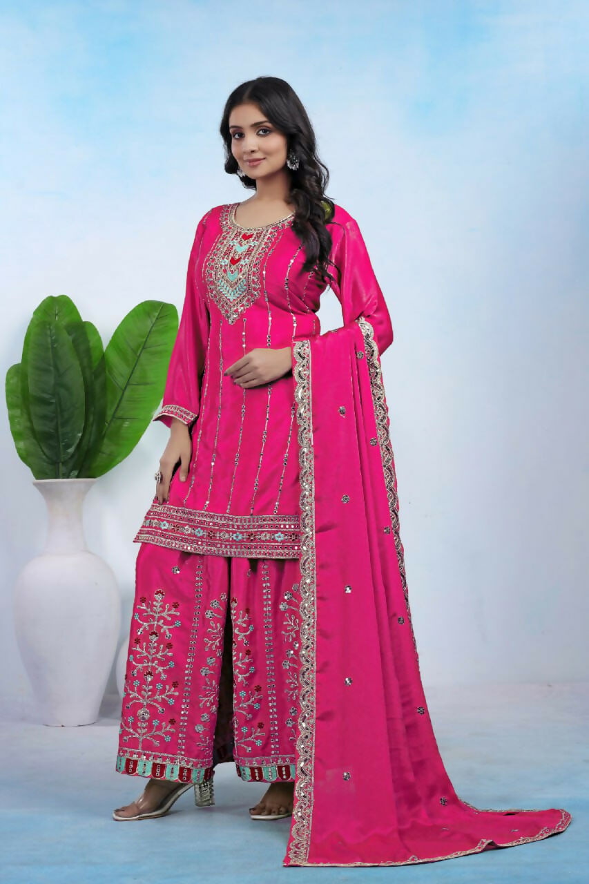 Teeya Creation Pink Color Chinon Silk Wedding Wear Trending Palazzo Set | Grocsy