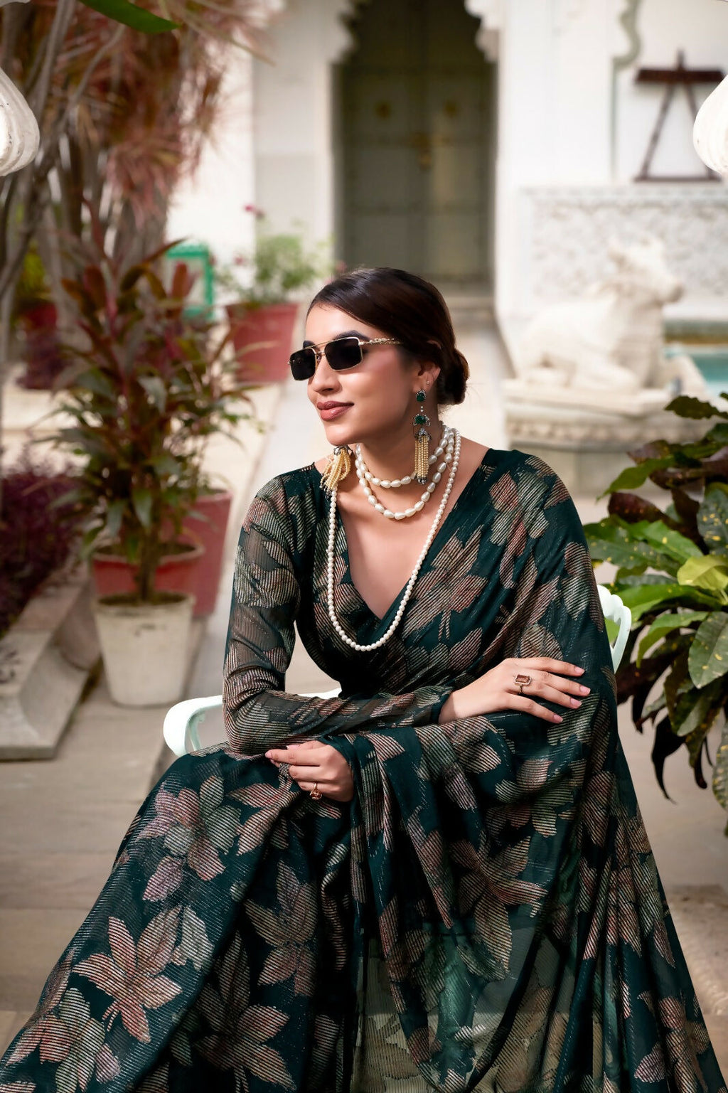 Vastranavya Bottle Green Lurex Brasso Floral Printed Saree with Unstitched Blouse | Grocsy