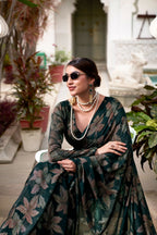 Vastranavya Bottle Green Lurex Brasso Floral Printed Saree with Unstitched Blouse | Grocsy