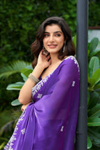 Vastranavya Purple-Blue Embroidery Work Shimmer Chiffon Saree with Unstitched Blouse | Grocsy