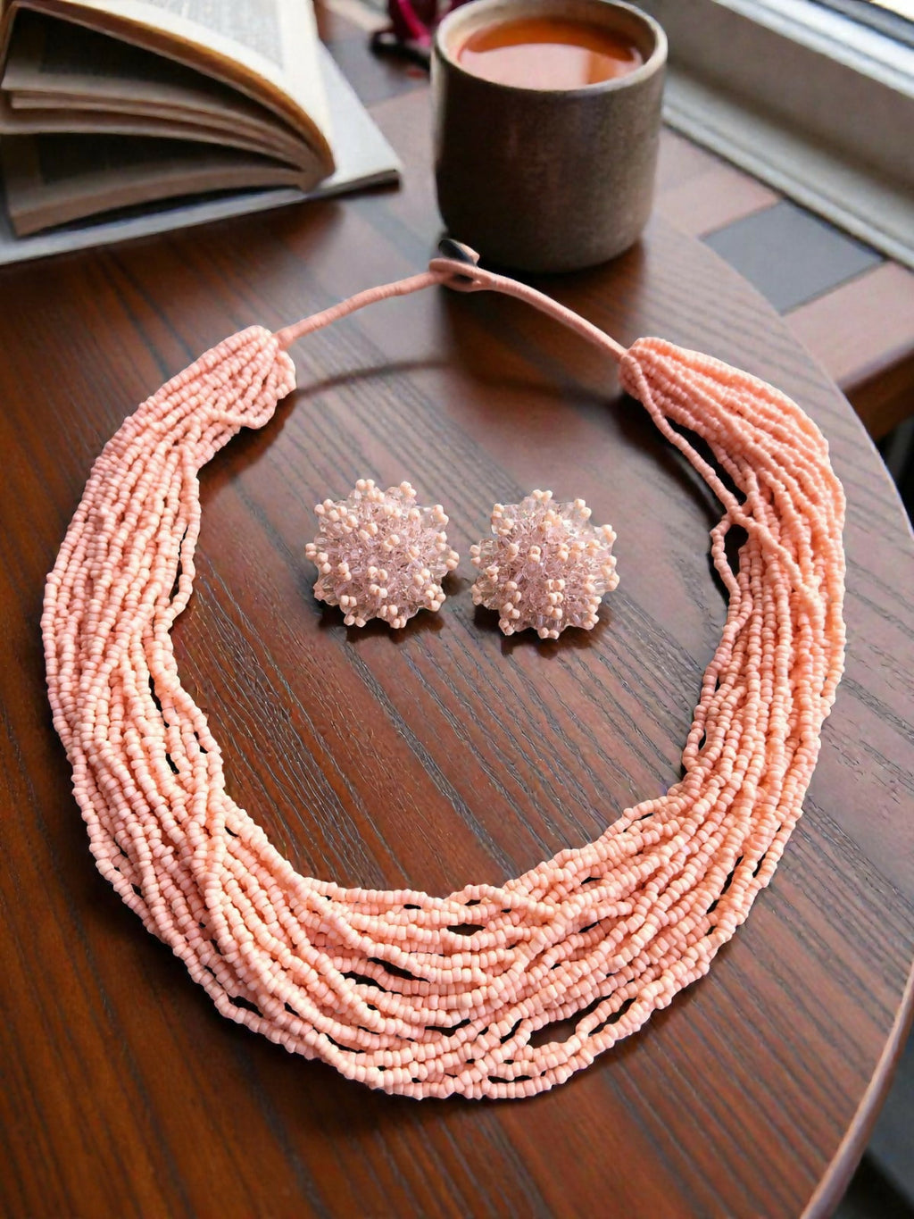 Inhanns Vibrant Handmade 20 Layers Beaded Necklace With Matching Earrings - Light Peach | Grocsy