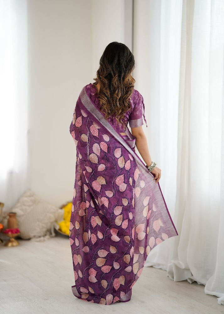 PR Fashion Purple Linen Patta Printed Saree | Grocsy