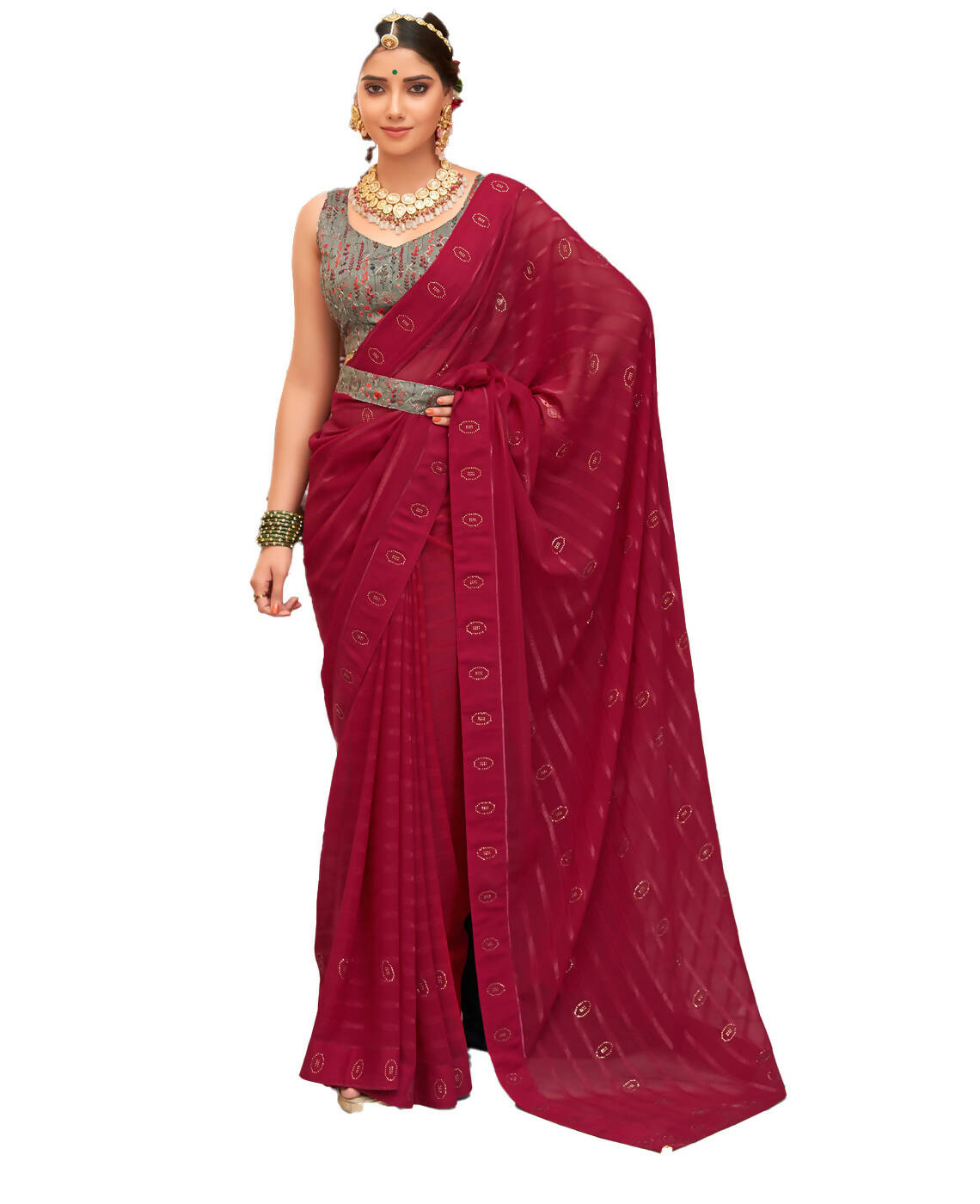 Maroon Georgette Swaroski Work Saree With Unstitched Blouse Piece - Juhi | Grocsy