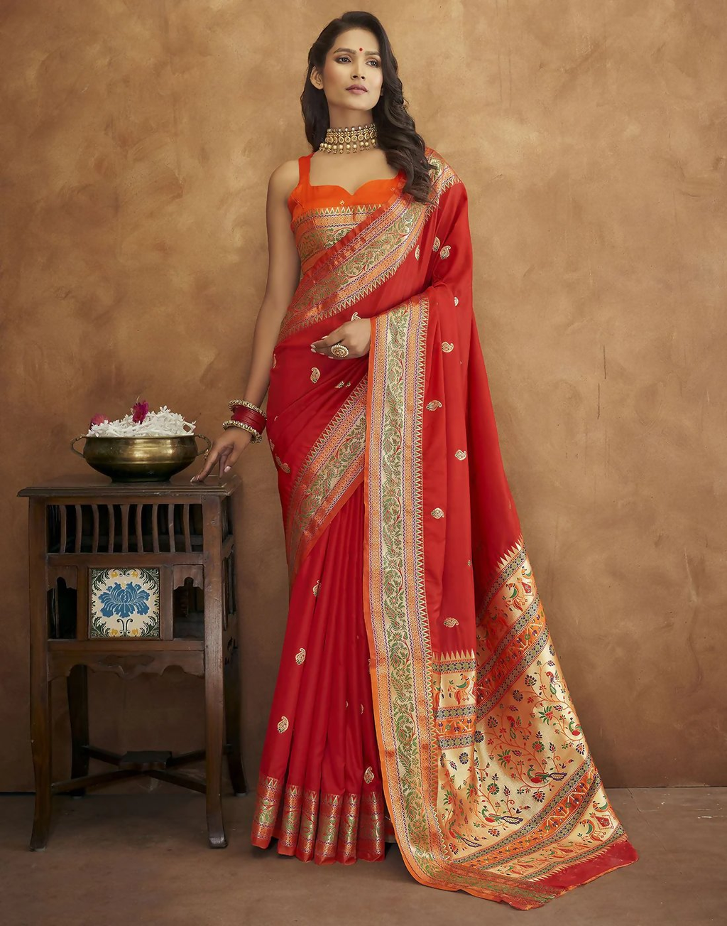 Vastranavya Red Soft Paithani Silk Saree With Gold Zari Weaving Motifs With Matching Blouse Fabric | Grocsy