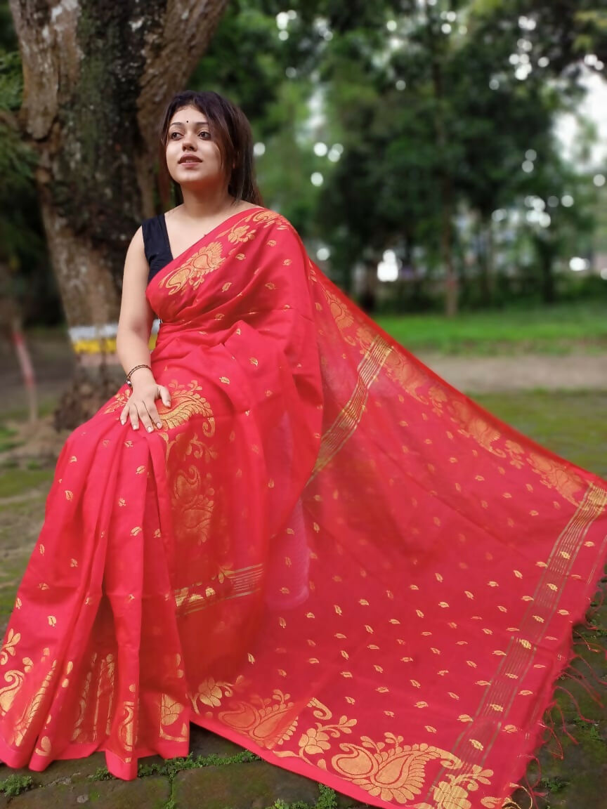 Exclusive Collection Red Beautiful Cotton Silk Saree | Grocsy