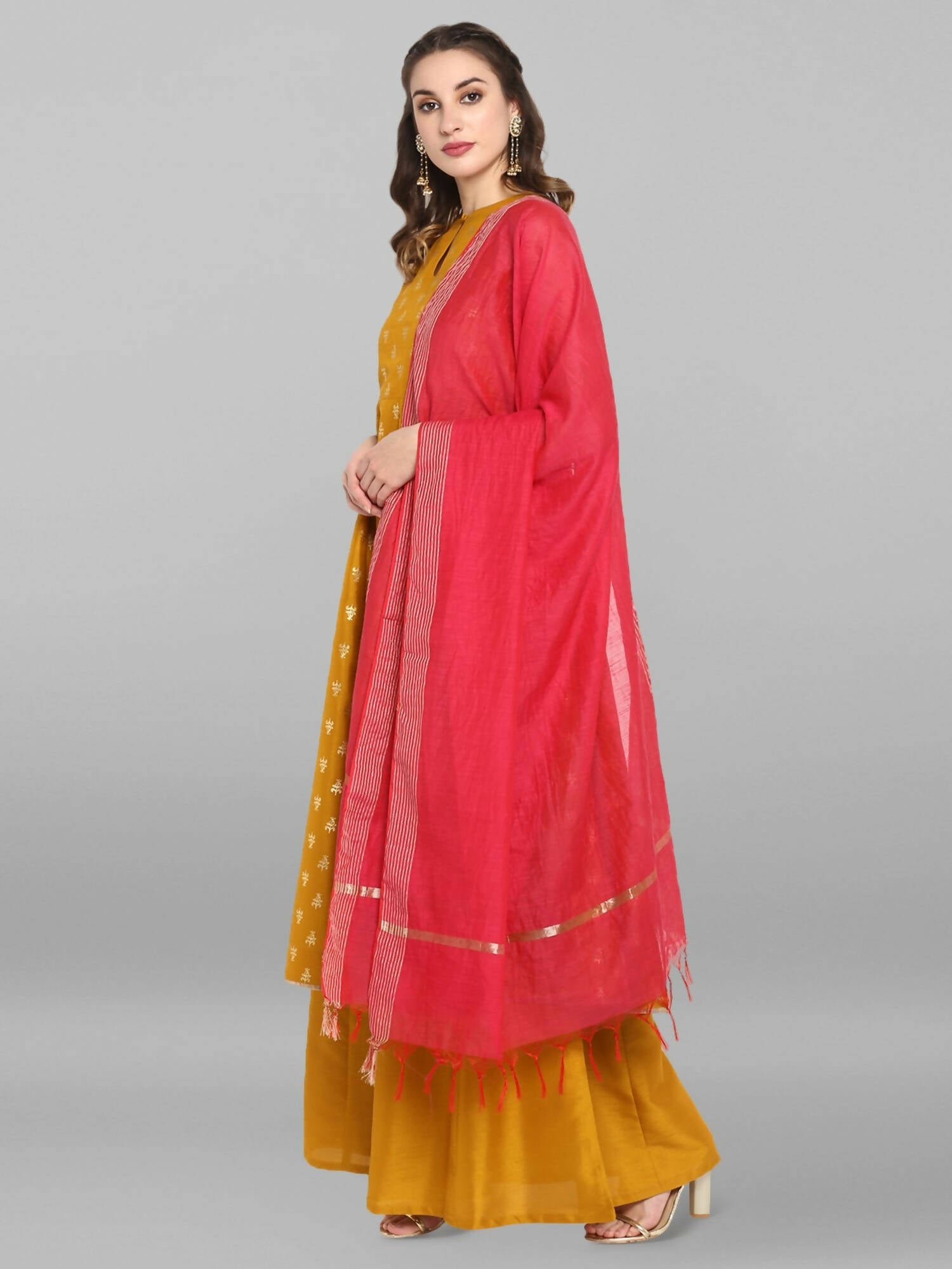 Janasya Women's Mustard Rayon Foil Print Kurti With Palazzo | Grocsy