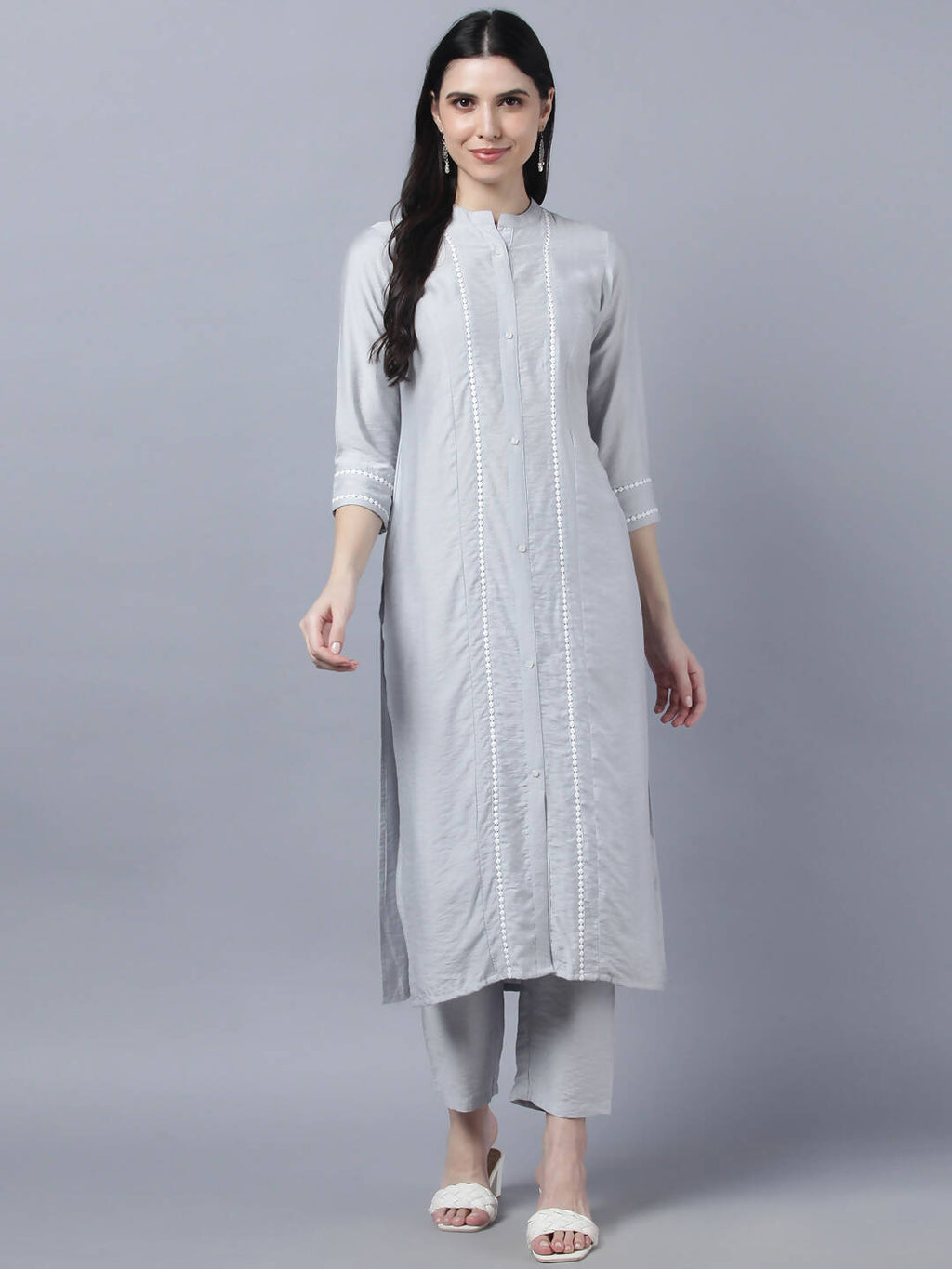 Myshka Stylish Grey Viscose 3/4 Sleeve Women's Kurta Pant Set | Grocsy