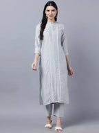 Myshka Stylish Grey Viscose 3/4 Sleeve Women's Kurta Pant Set | Grocsy