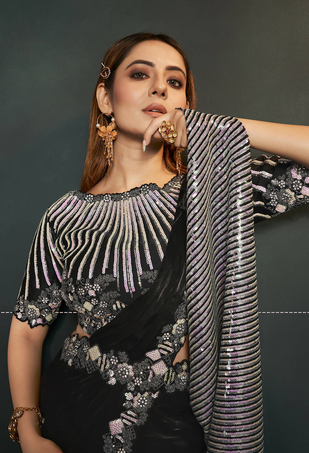 Black Silk Crepe Satin Cord Sequence & Thread Embroidered & Stone Work Saree - Moh-Manthan Royal Enigma | Grocsy