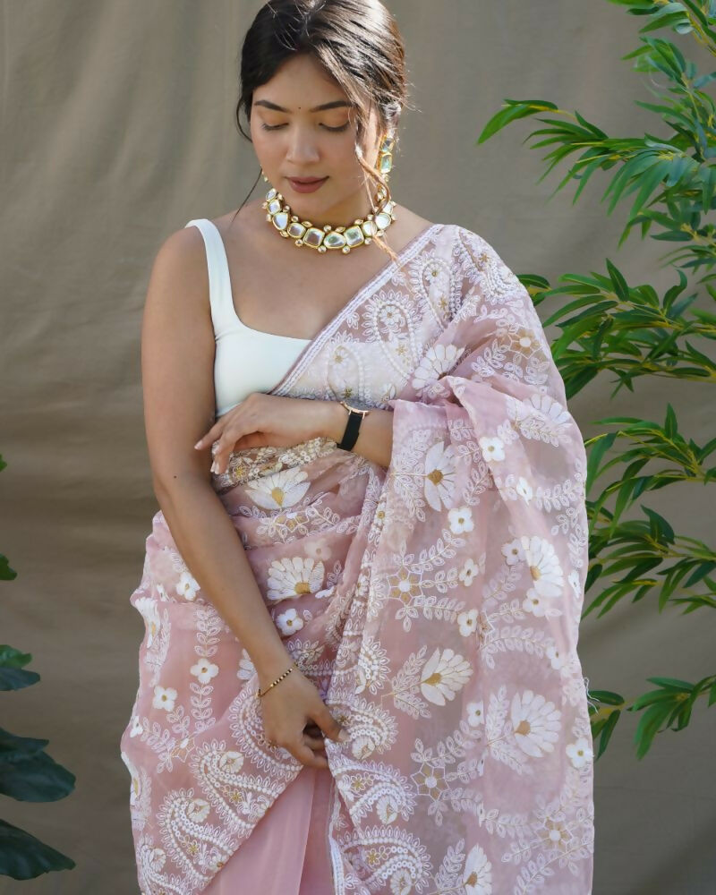 Vamsee Amisha Peach Organza Saree | Grocsy