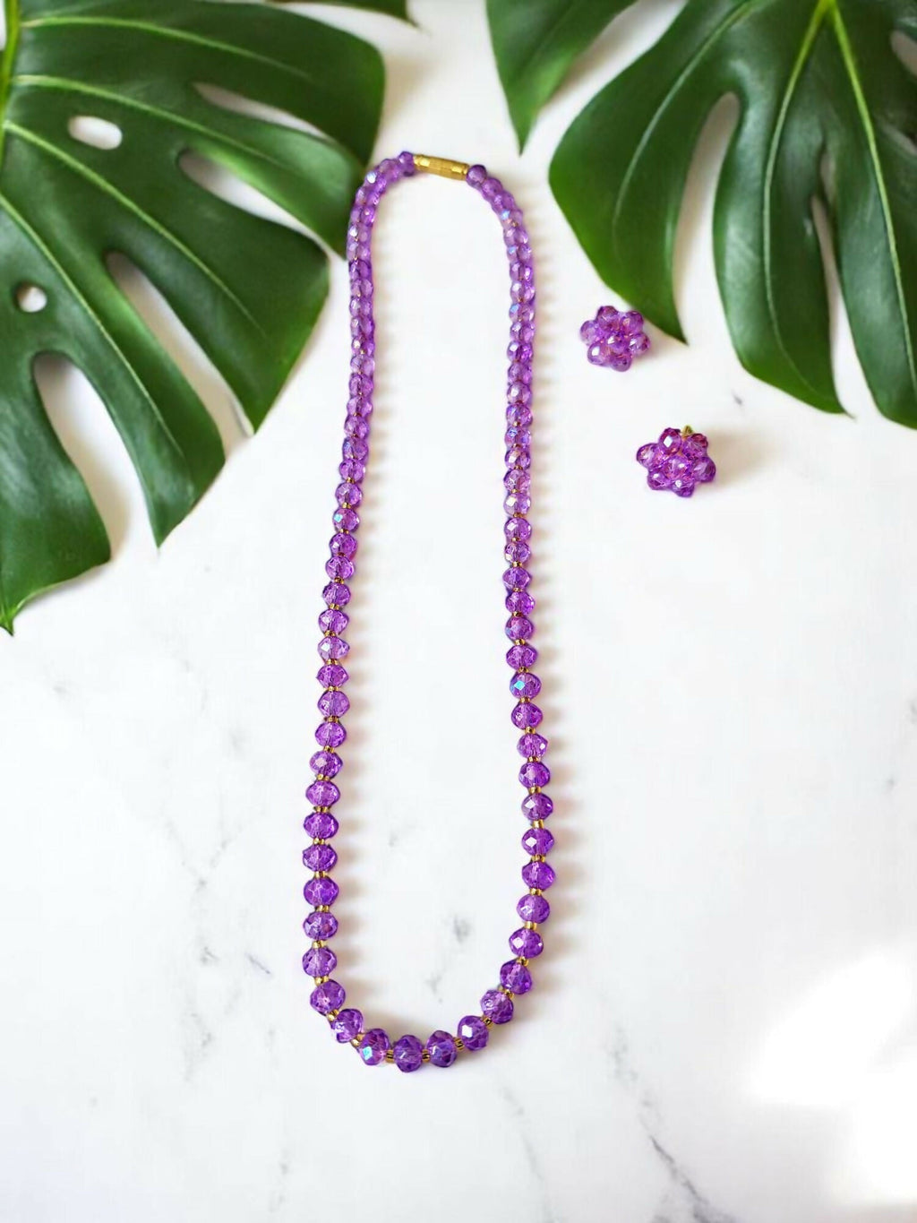 Inhanns Crystal Bloom – Single Line Necklace + Studs - Glossy Purple | Grocsy