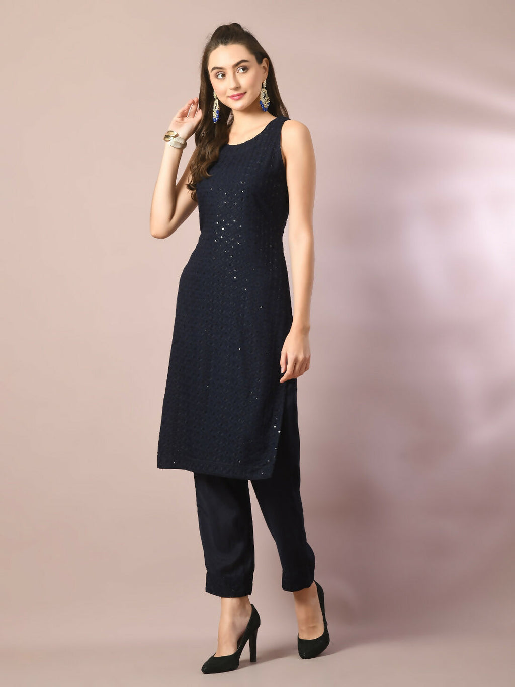 Myshka Women's Navy Blue Embroidered Cotton Straight Party Kurta Set | Grocsy