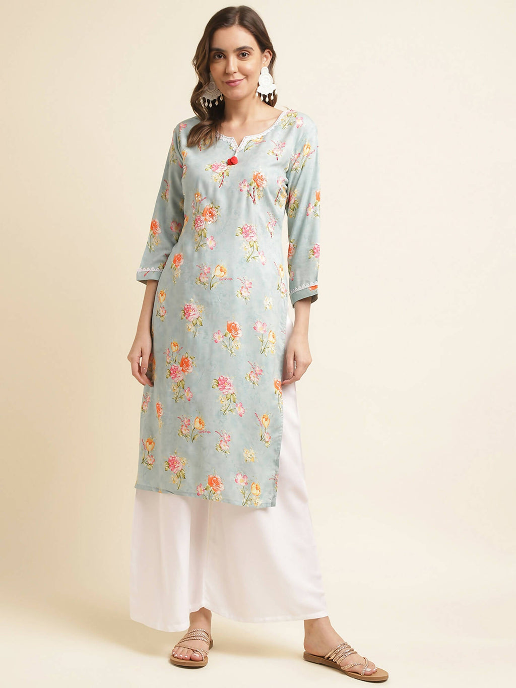 Blue Poly Rayon Floral Printed Straight Kurta - Prasuti | Grocsy