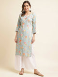 Blue Poly Rayon Floral Printed Straight Kurta - Prasuti | Grocsy