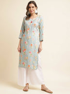 Blue Poly Rayon Floral Printed Straight Kurta - Prasuti | Grocsy