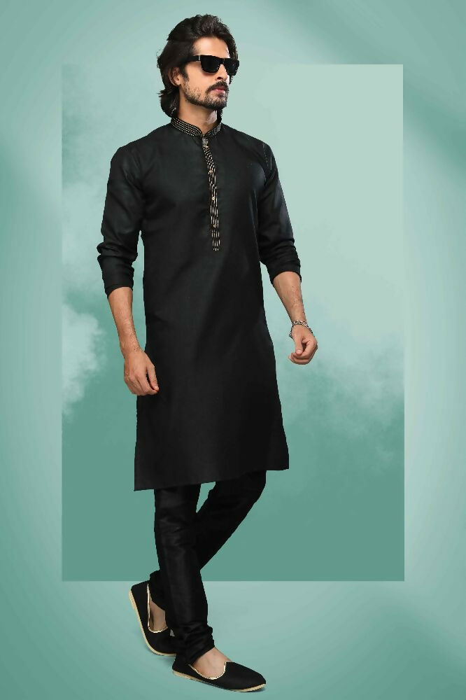 Raivat Ethnic Cotton Pintux Work Kurta Pajama In Black Colour | Grocsy