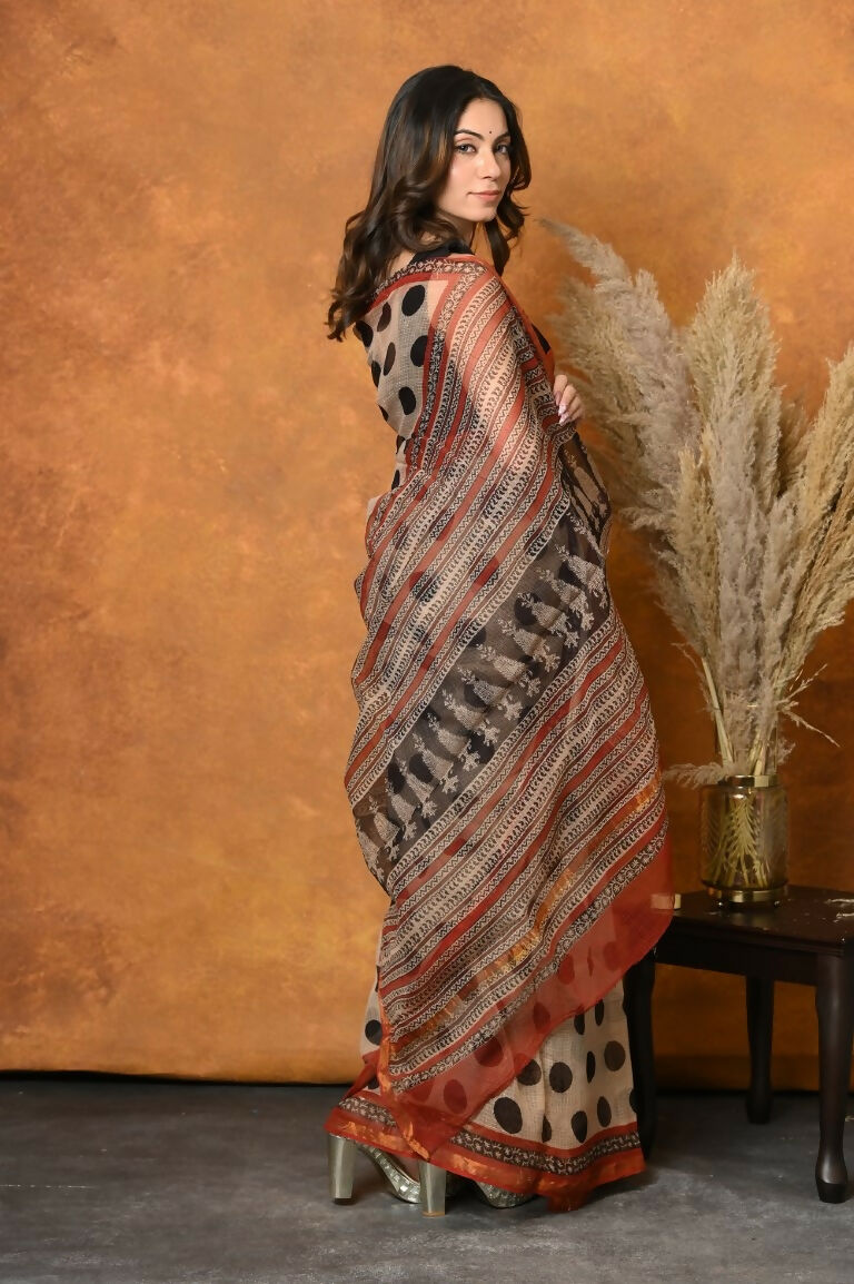 Very Much Indian Handblock Printed Cotton Saree With Natural Dyes - White | Grocsy