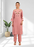 Joban Fashion Pink Linen Embroidered Readymade Long Kurta With Pant | Grocsy