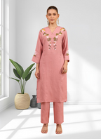 Joban Fashion Pink Linen Embroidered Readymade Long Kurta With Pant | Grocsy
