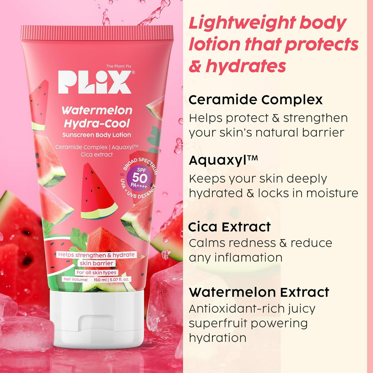 PLIX The Plant Fix Watermelon Hydra-Cool Sunscreen Body Lotion With Spf 50 Pa++++ | Grocsy
