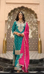 Teeya Creation Womens New Wedding Wear Heavy Embroidery Thread Work Teal Kurta Set | Grocsy