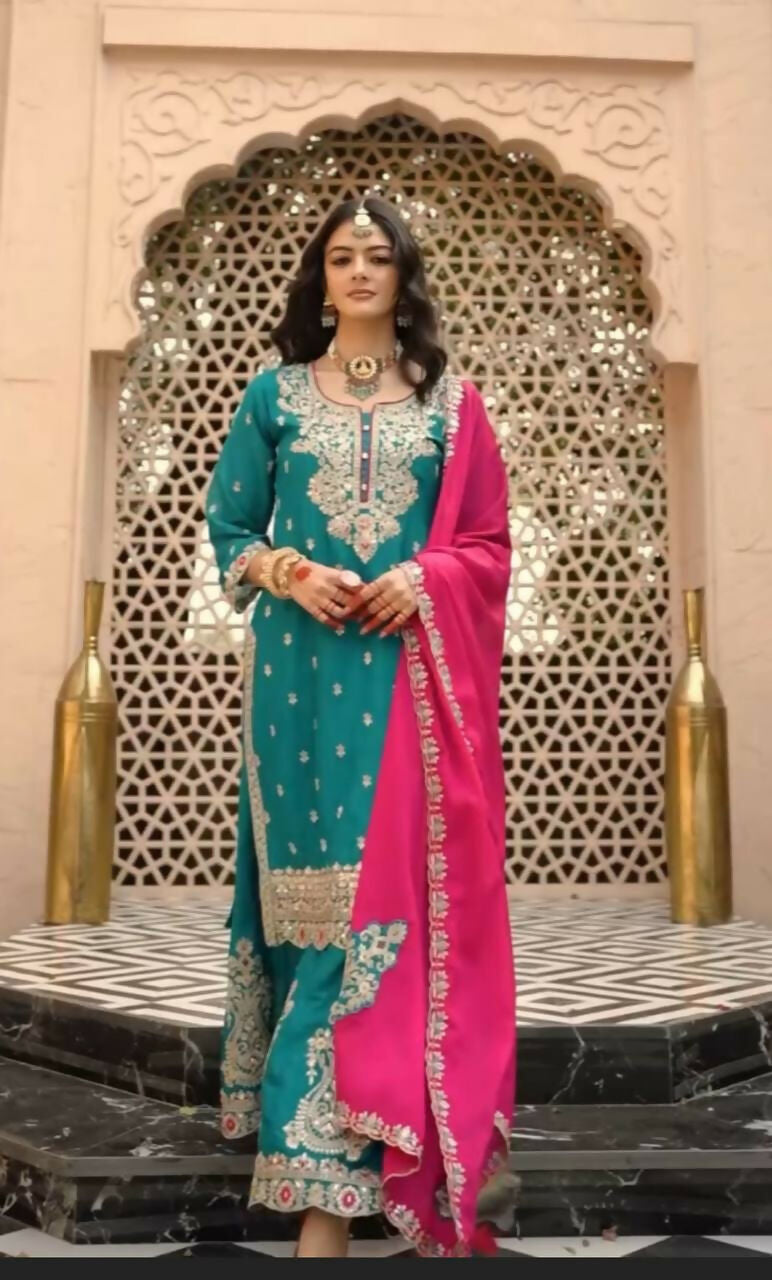 Teeya Creation Womens New Wedding Wear Heavy Embroidery Thread Work Teal Kurta Set | Grocsy