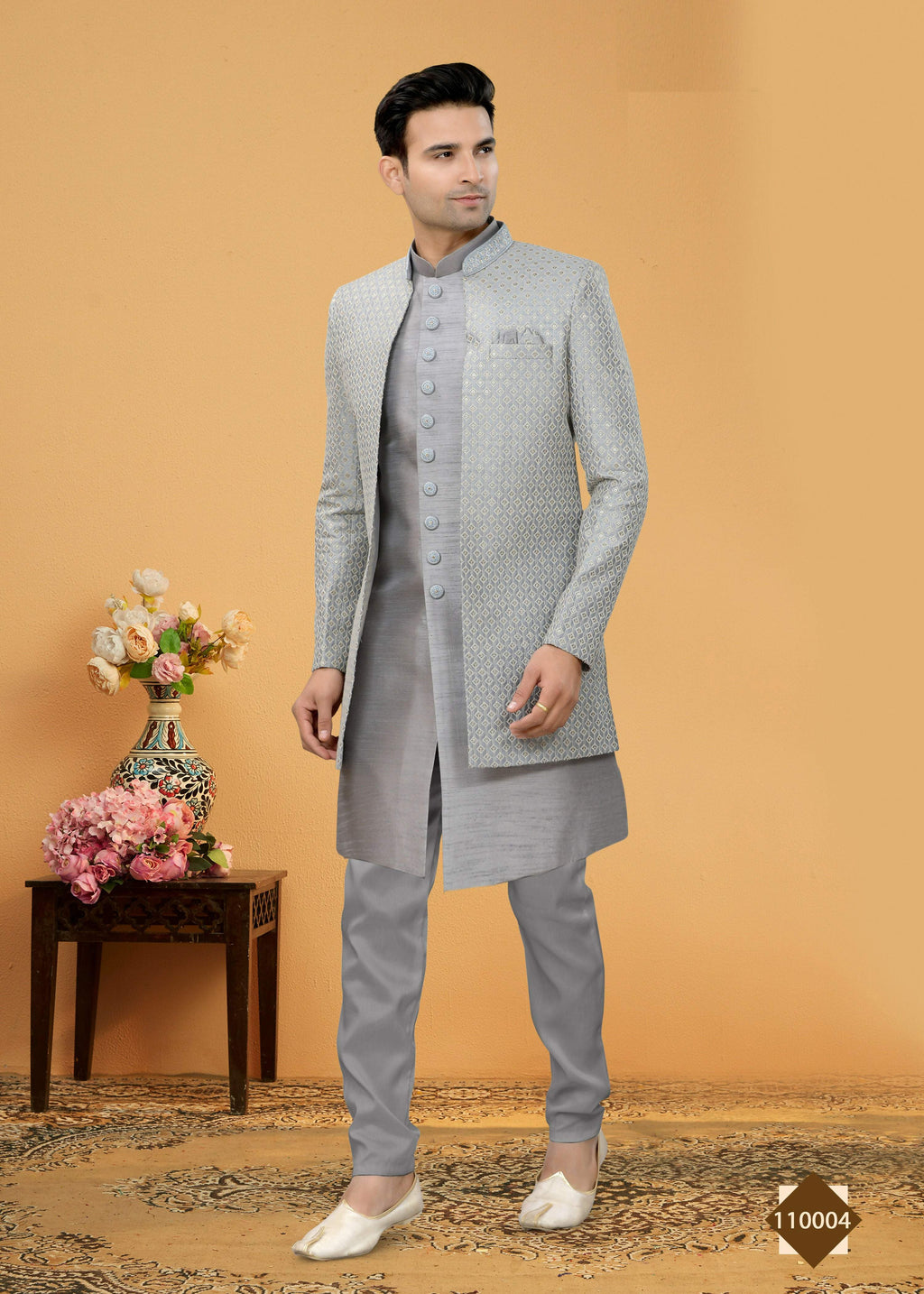 Joban Fashion Men's Grey Art Silk Plain Kurta Pyjama set | Grocsy