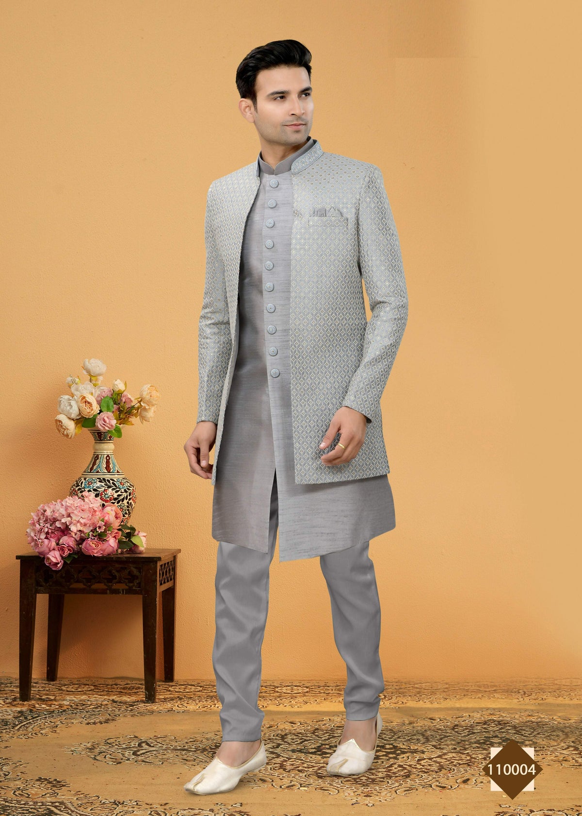 Joban Fashion Men's Grey Art Silk Plain Kurta Pyjama set | Grocsy