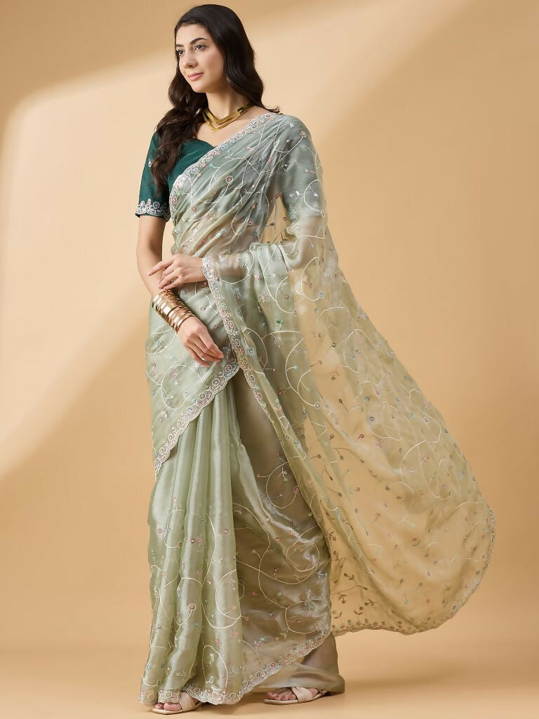 Green Organza Sequence Embroidered Saree with Unstitched Blouse - Satya | Grocsy
