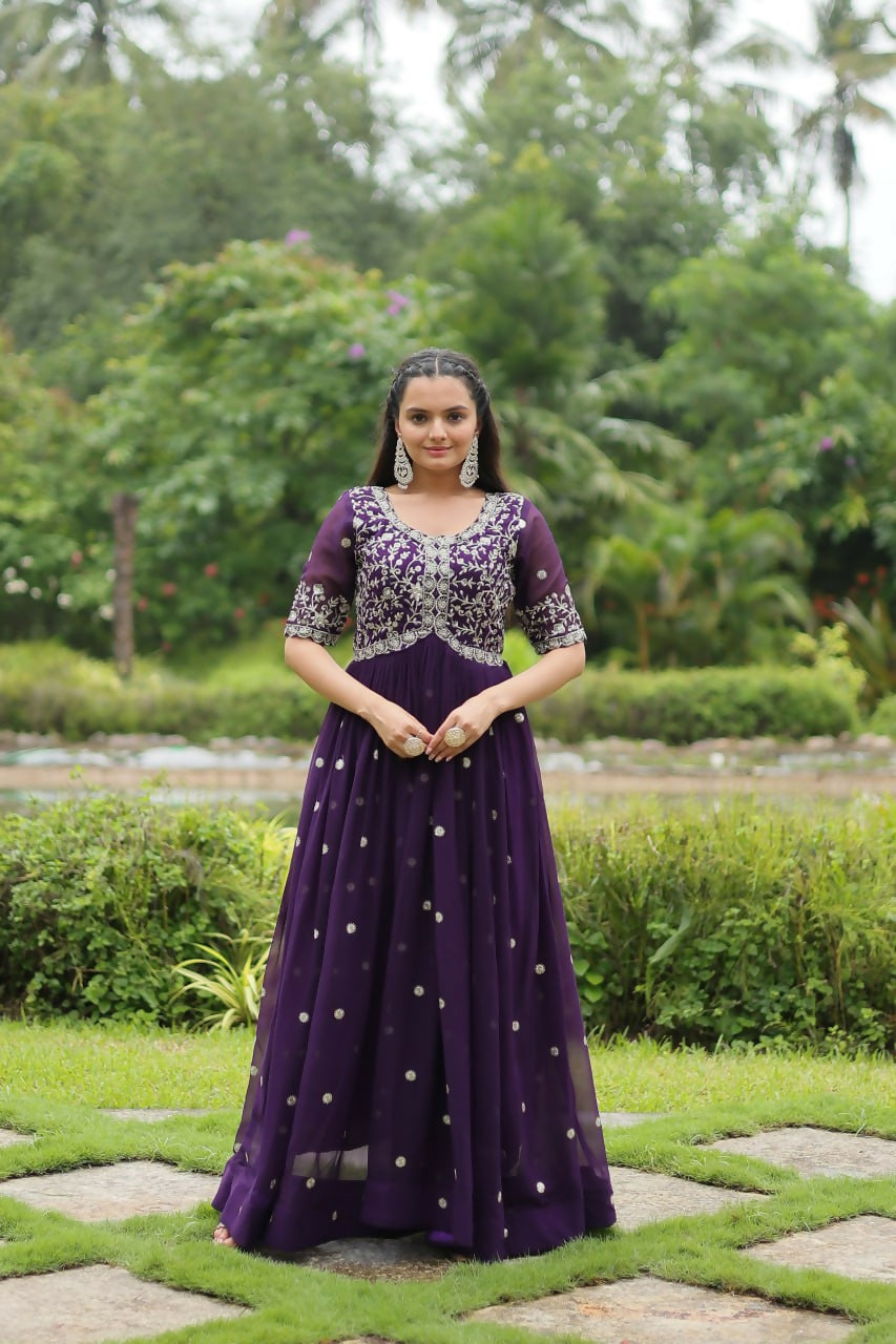 Vastranavya Premium Designer Faux Blooming with Embroidery Zari Sequins work Gown - Purple | Grocsy