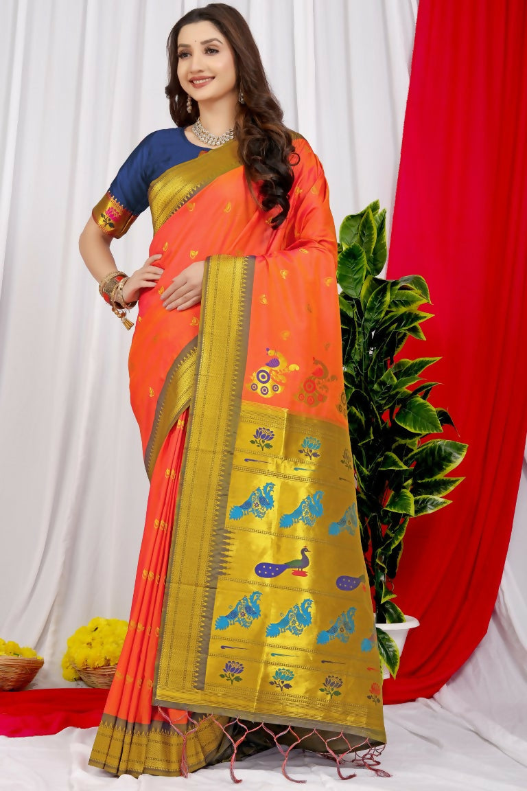 Jyoti Fashion Women's Orange Paithani Silk Zari Woven Saree with Blouse | Grocsy