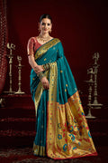 Joban Fashion Teal Paithani Silk Blend Butti Saree | Grocsy
