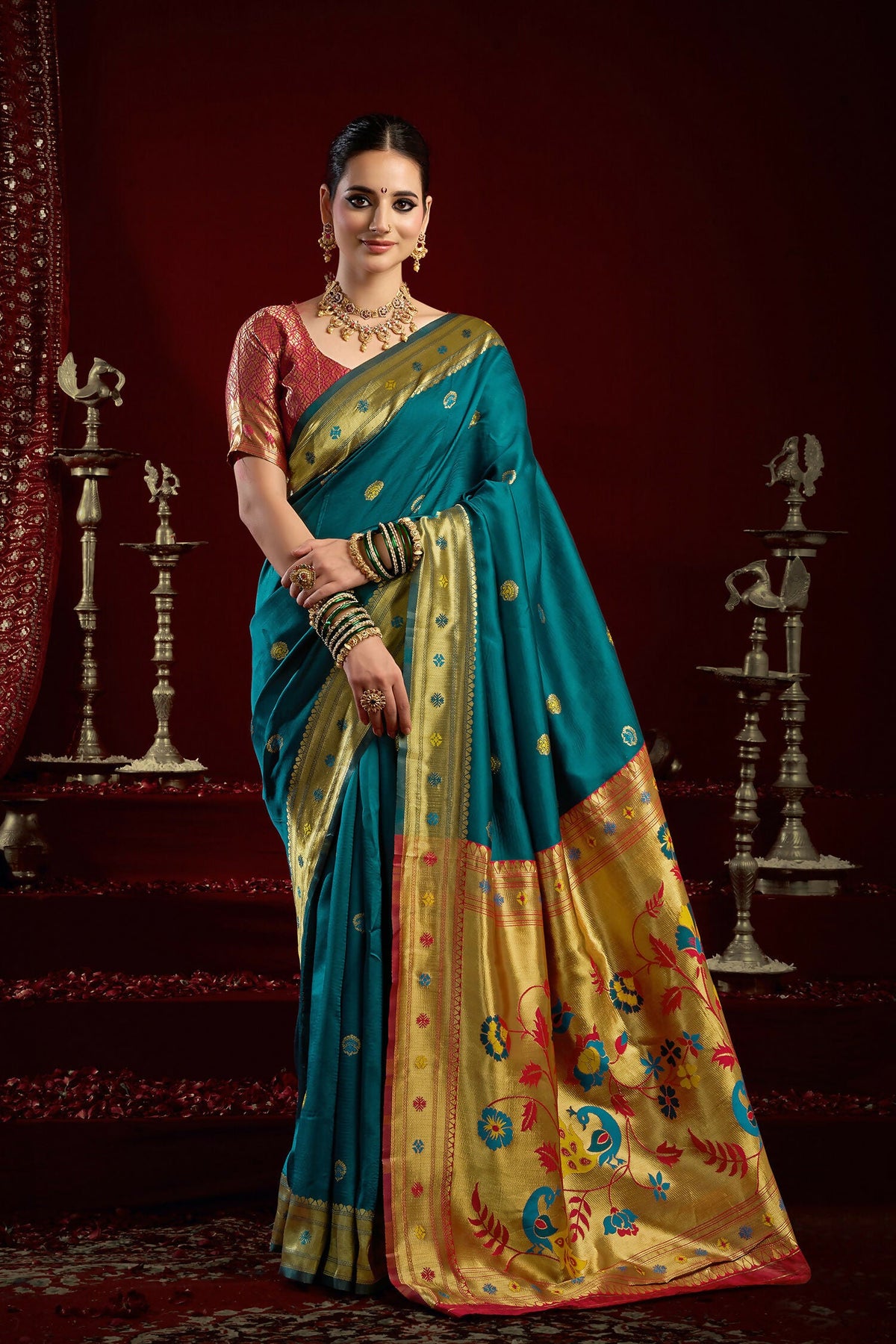Joban Fashion Teal Paithani Silk Blend Butti Saree | Grocsy